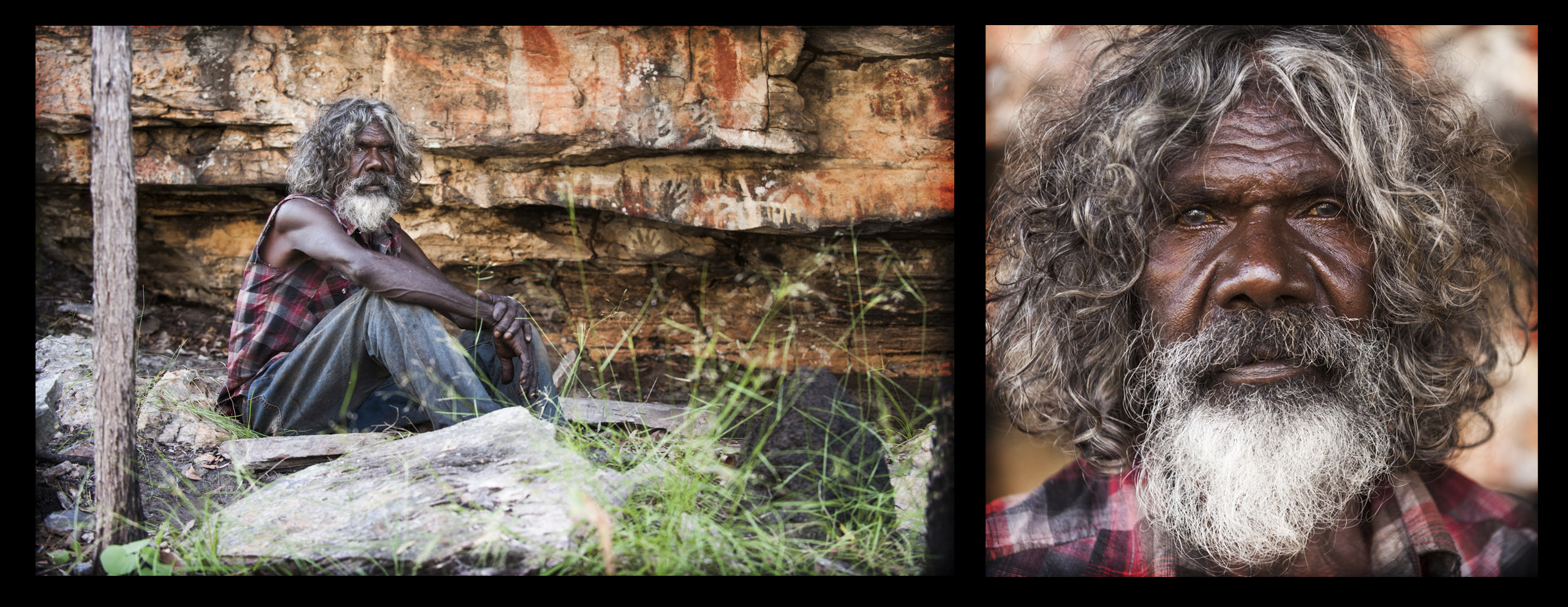 Two part production still of David Gulpilil. In the first photograph he sits on a rock looking at the camera and the second is a close-up of his face as he looks at the camera.