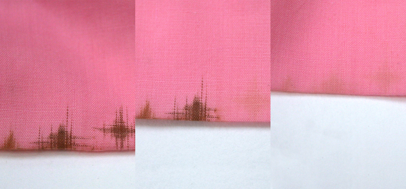 Before, during and after conservation treatment on a piece of pink fabric showing stain removal. 