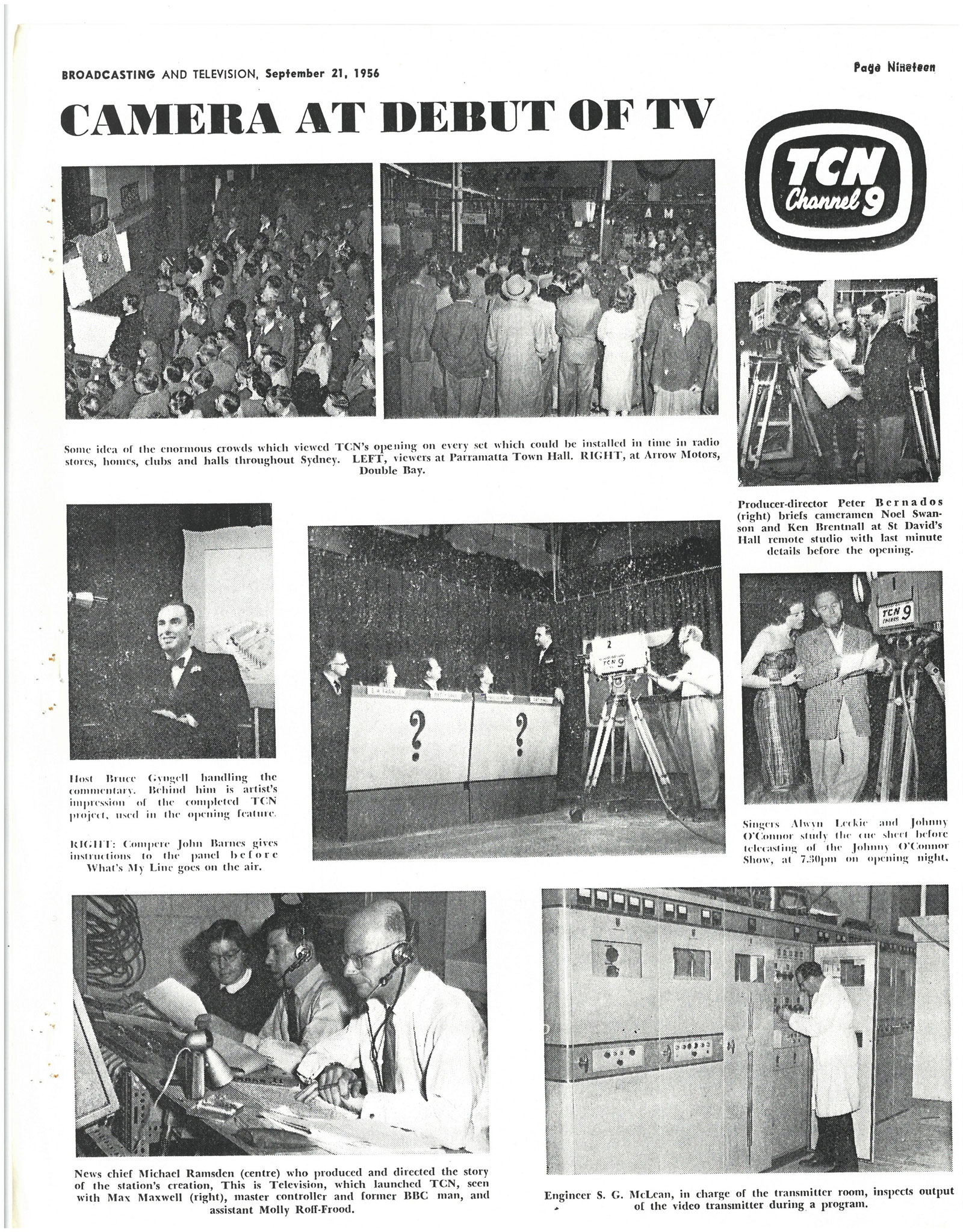 Page from B&T Journal, September 21, 1956 showing images from the first night of telvision showing crowds of people watching broadcast, camera operators at TCN studios and Bruce Gyngell presenting.