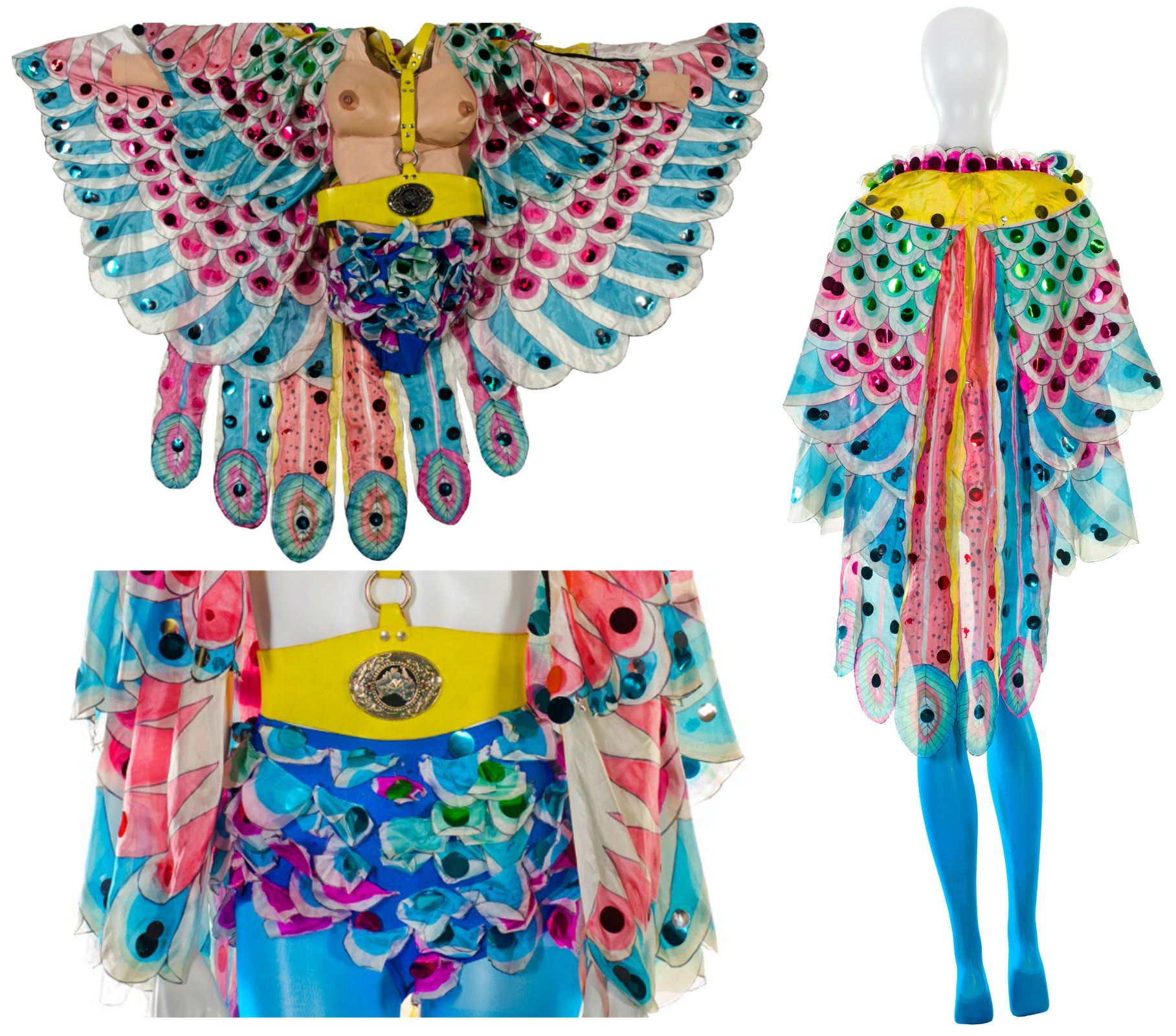 Front and back view of the costume worn by Jo Kennedy in the high-wire scene of the film Starstruck. The costume is designed to resemble peacock feathers.
