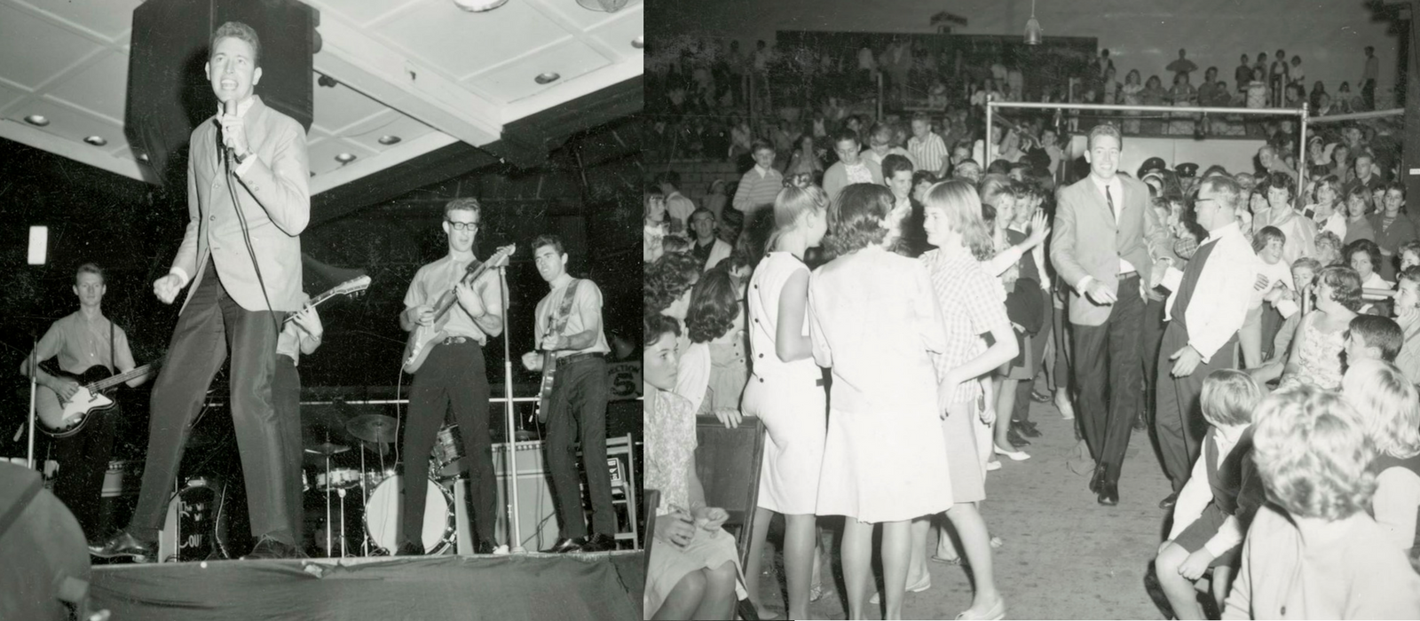Two black and white photos featuring Jimmy Hannan performing at the Sydney Stadium with a band. The photo on the right shows him making his way to the stage through fans.