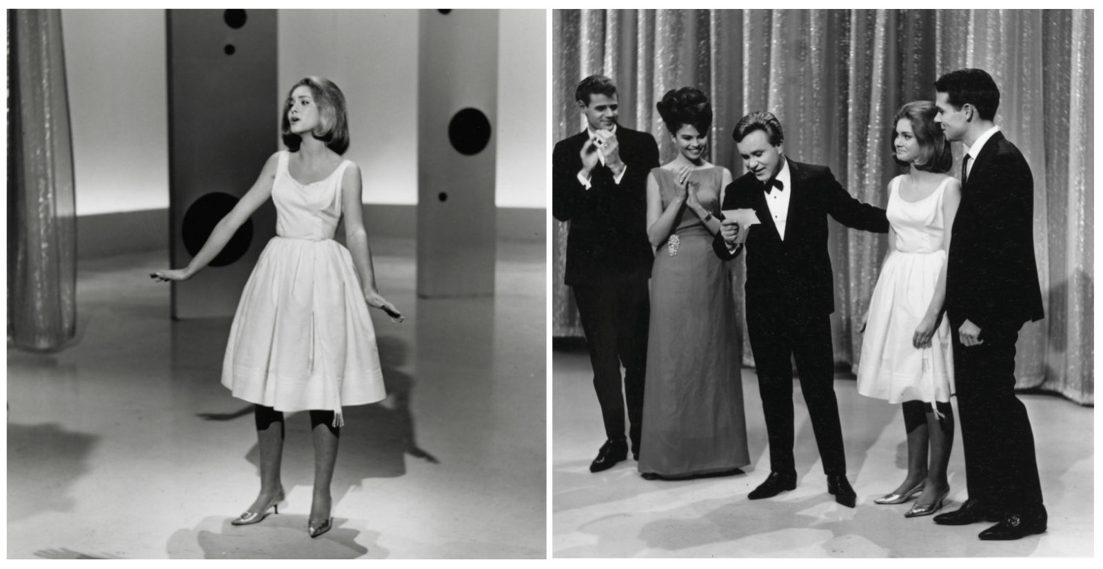 Two images of Olivia Newton-John. On the left is a full length shot of her wearing a white dress and singing. On the right she is standing next to Johnny O'Keefe along with three other people on the set of 'Sing Sing Sing'.