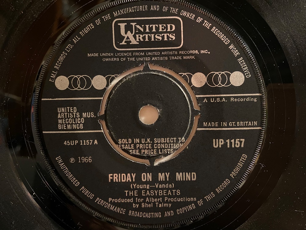 Close up of the label on the Easybeats' 45rpm record, 'Friday on My Mind'