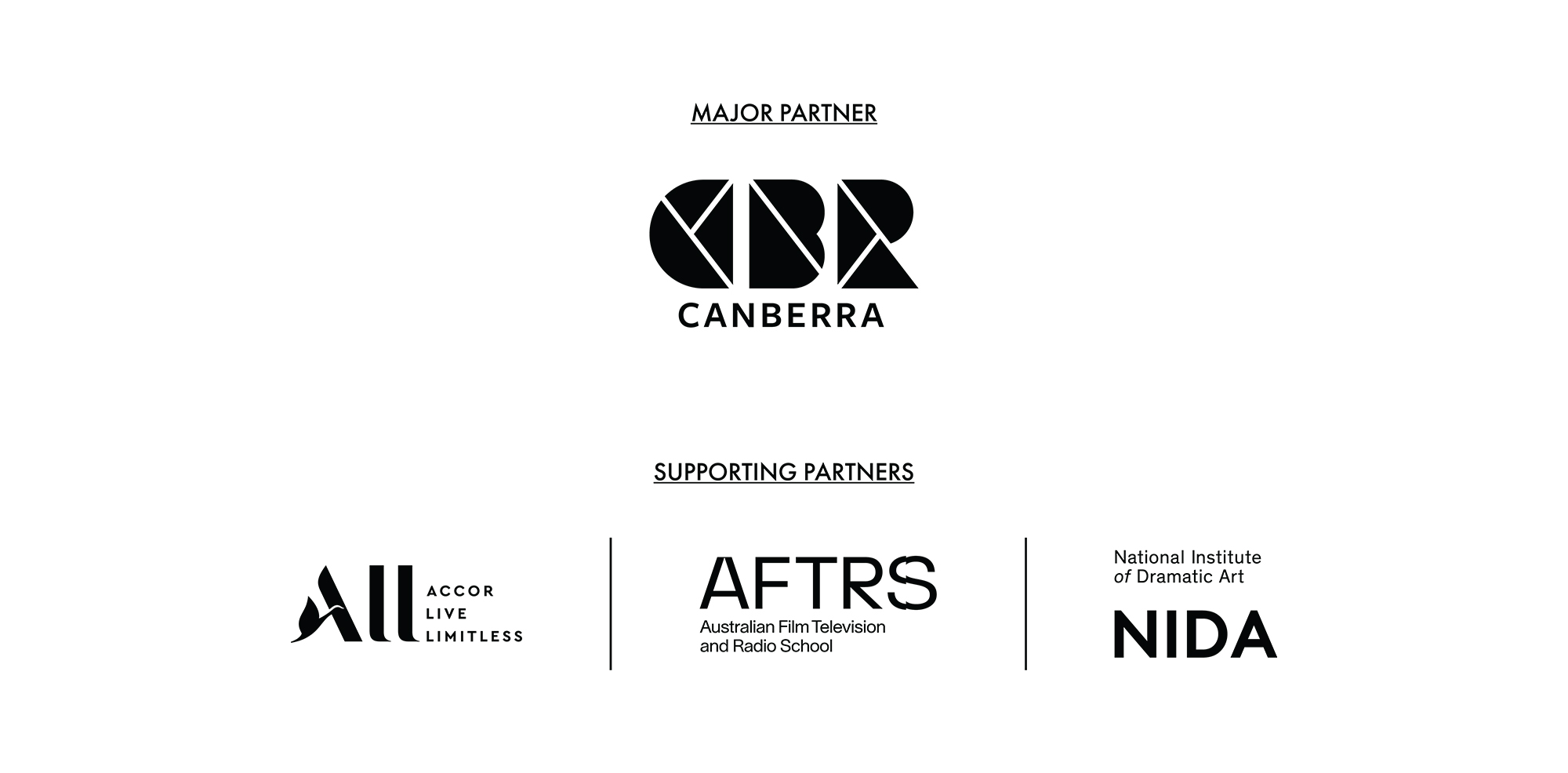 Image displaying some black and white logos for Accor, AFTRS, NIDA and Canberra