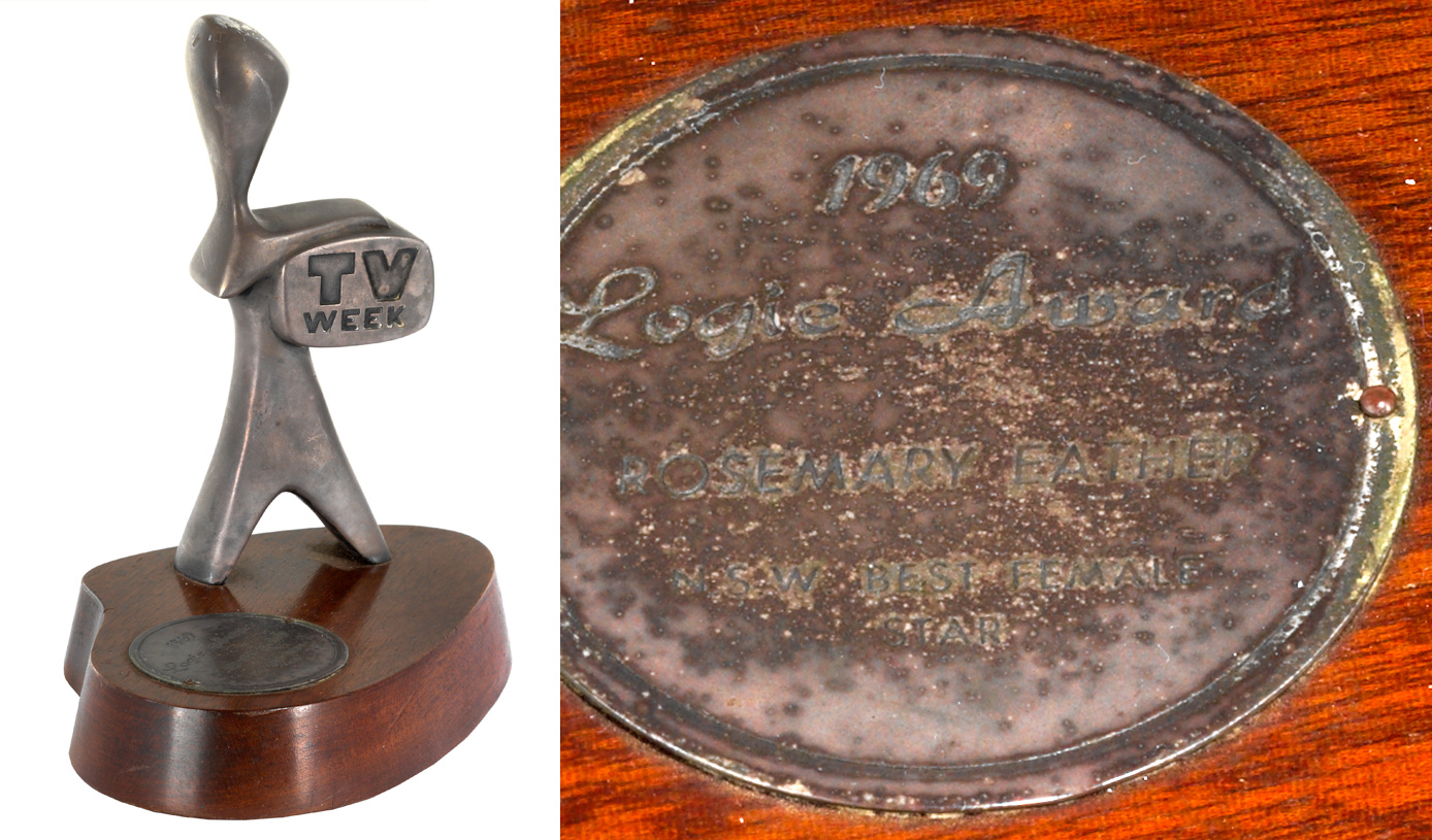Image of a Logie Award and close up of the inscription.