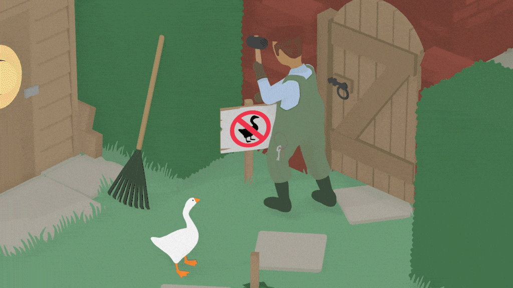 Moving animation of a farmer hammering a sign into the ground while a goose stands nearby. The farmer hits his hand with the hammer and then falls over.