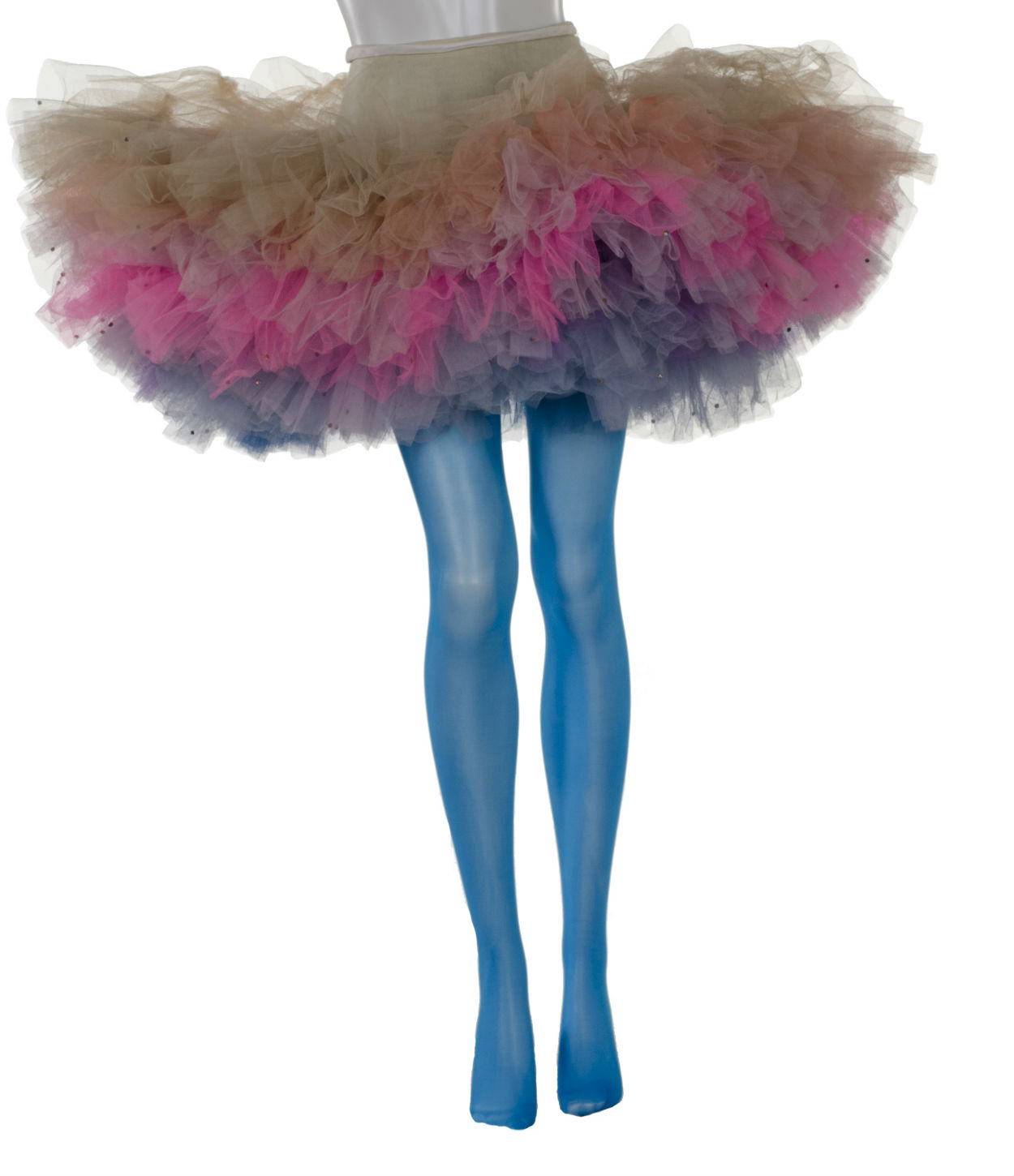 The front view of a mannequin wearing a multicoloured tutu and blue stockings.