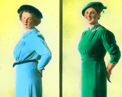 A side-by-side comparison of a woman dressed in two different dresses and hats. The slide is hand-coloured with a yellow background.