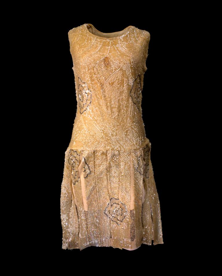 Front view of a flapper-style 1920s sequined evening dress bought in Paris and worn in the Australian silent film The Cheaters