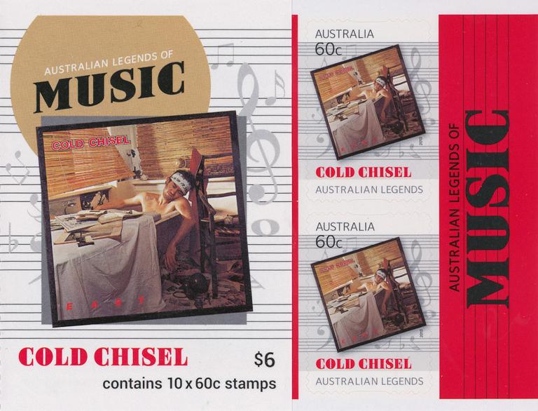 Cover of an Australia Post postage stamps booklet featuring the band Cold Chisel. The booklet has the title Australian Legends of Music and features the Cold Chisel 'East' album cover. 