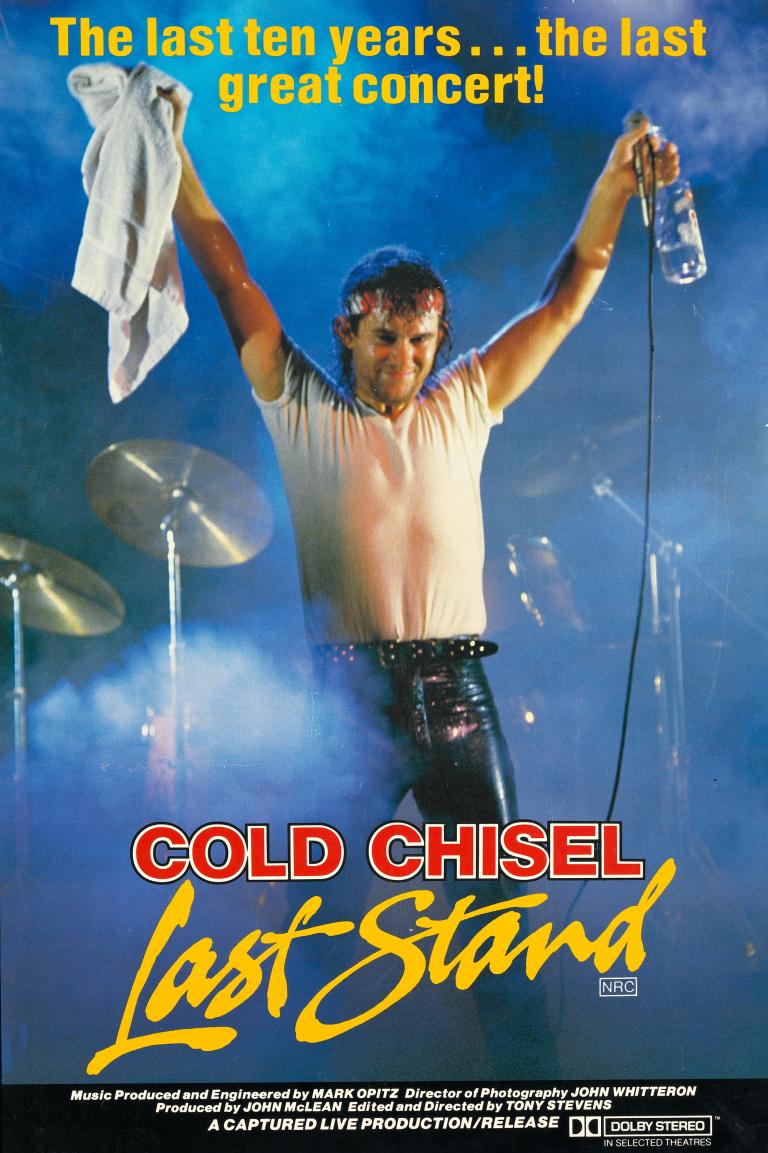 Poster showing Jimmy Barnes on stage holding a bottle and microphone against a blue misty background. The poster reads 'The last ten years...the last great concert!' and 'Cold Chisel Last Stand' at the bottom.