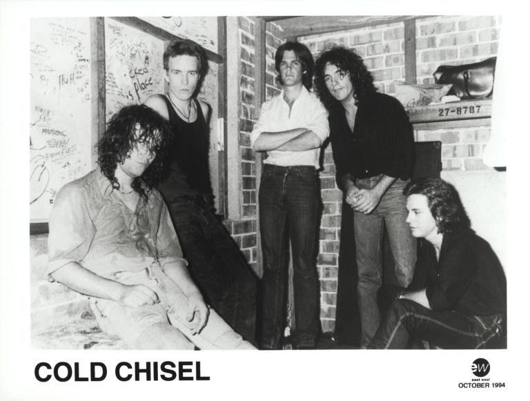 Five band members of Cold Chisel, from left to right Jimmy Barnes, Steve Prestwich, Don Walker, Ian Moss, Phil Small. Photo is dated October 1994.