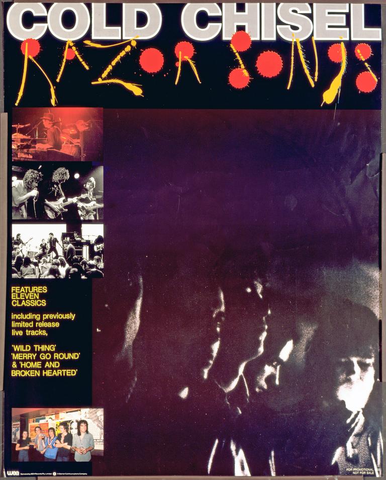 Poster promoting the Cold Chisel live album 'Razor Songs', it includes several images of the band performing against a black background with red and yellow writing.