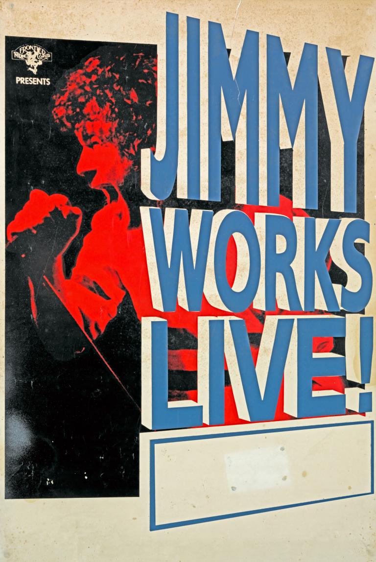 Poster for Jimmy Barnes concert tour 'Jimmy Works Live!'. Image of Jimmy Barnes singing into a microphone on black background and title of poster in large blue and white block letters.