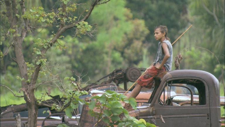A young boy sits on top of a car wreck holding a long pole.