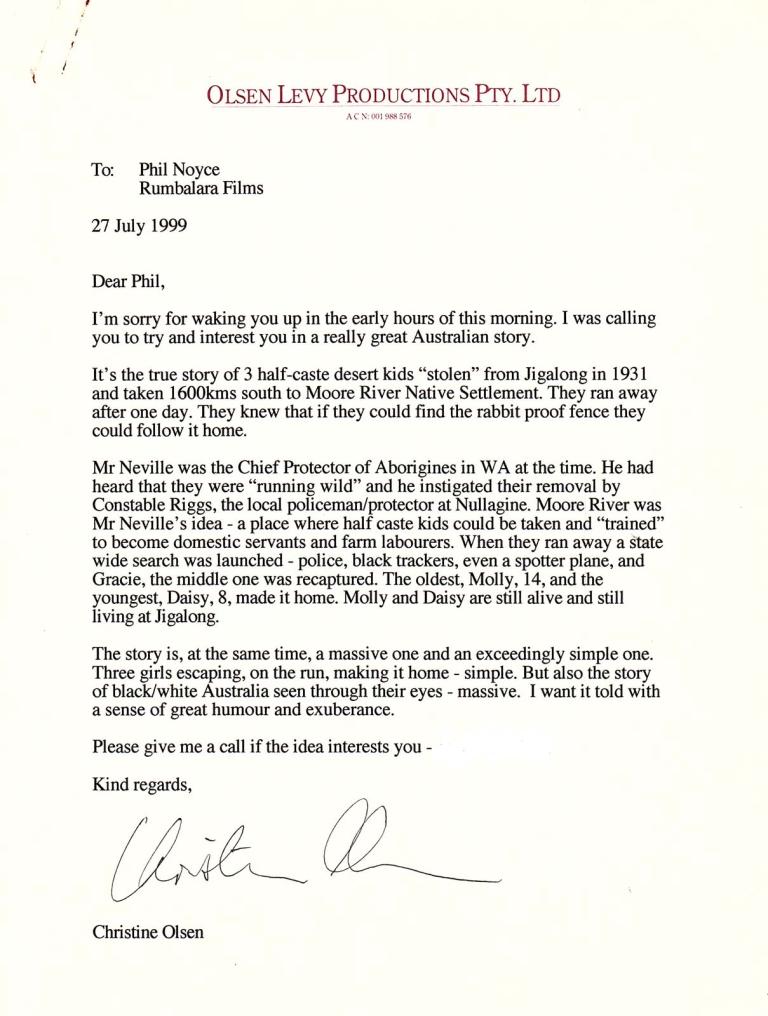 A letter from Christine Olsen trying to interest Phillip Noyce in directing Rabbit-Proof Fence.