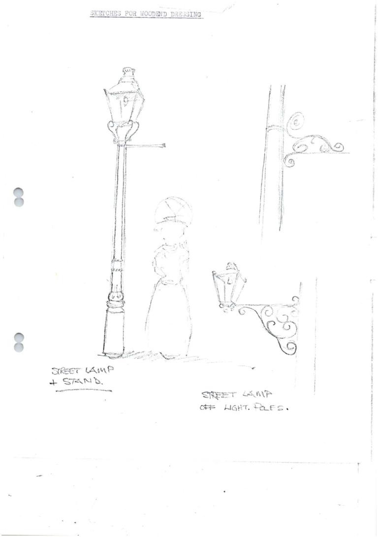 Production sketches for set dressing of the town of Woodend in Picnic at Hanging Rock.