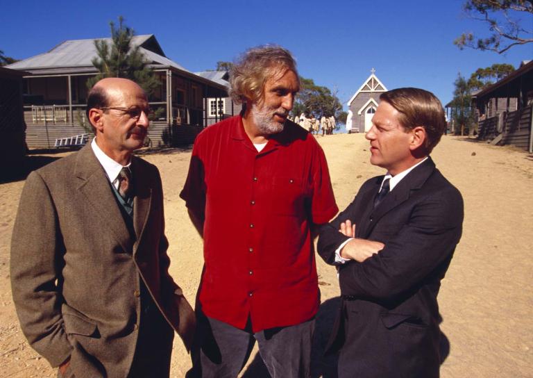 Director Phillip Noyce on set with actors Garry McDonald and Kenneth Branagh while filming Rabbit-Proof Fence.