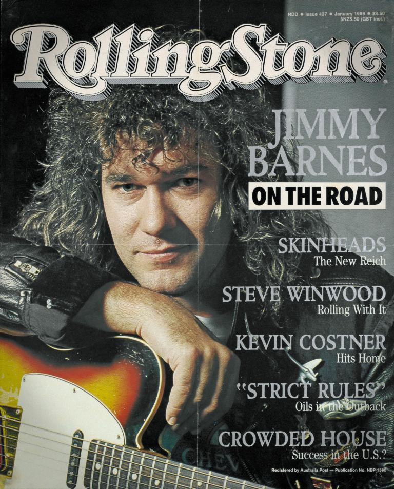 Jimmy Barnes featured on Rolling Stone cover, Issue 427, January 1989.  Head and shoulders image with his arm and chin resting on a guitar.