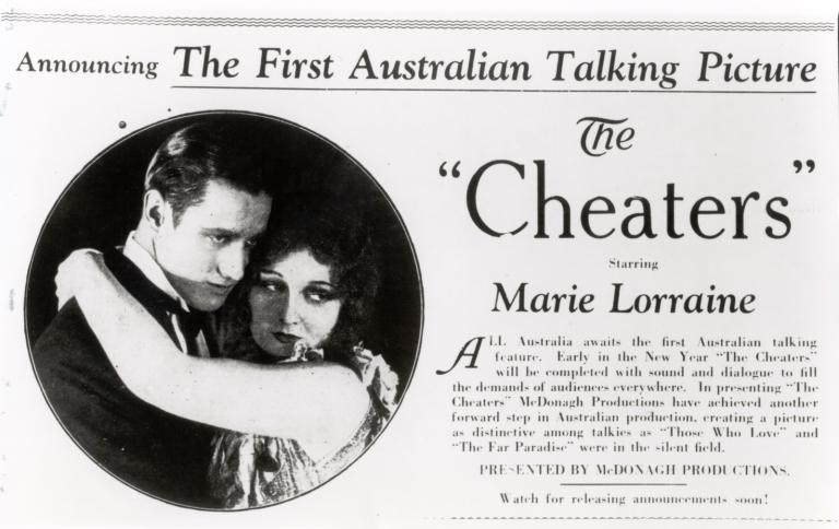 Newspaper advertisement for the film 'The Cheaters from 1929, featuring a circle with an image of the 2 leads embracing one another and to the right of the picture is written introduction about 'The First Australian Talking Picture'.