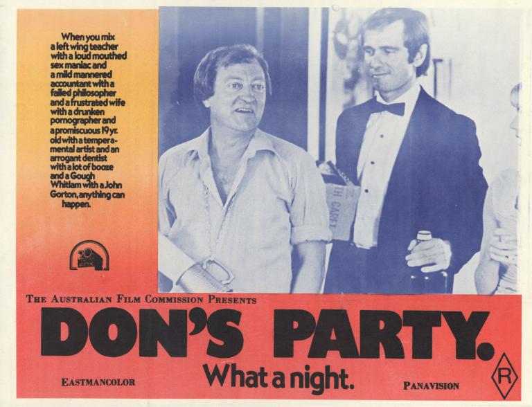 Lobby card for Don's Party - Mack (Graham Kennedy) with beer stein chained around his neck and Don (John Hargreaves)