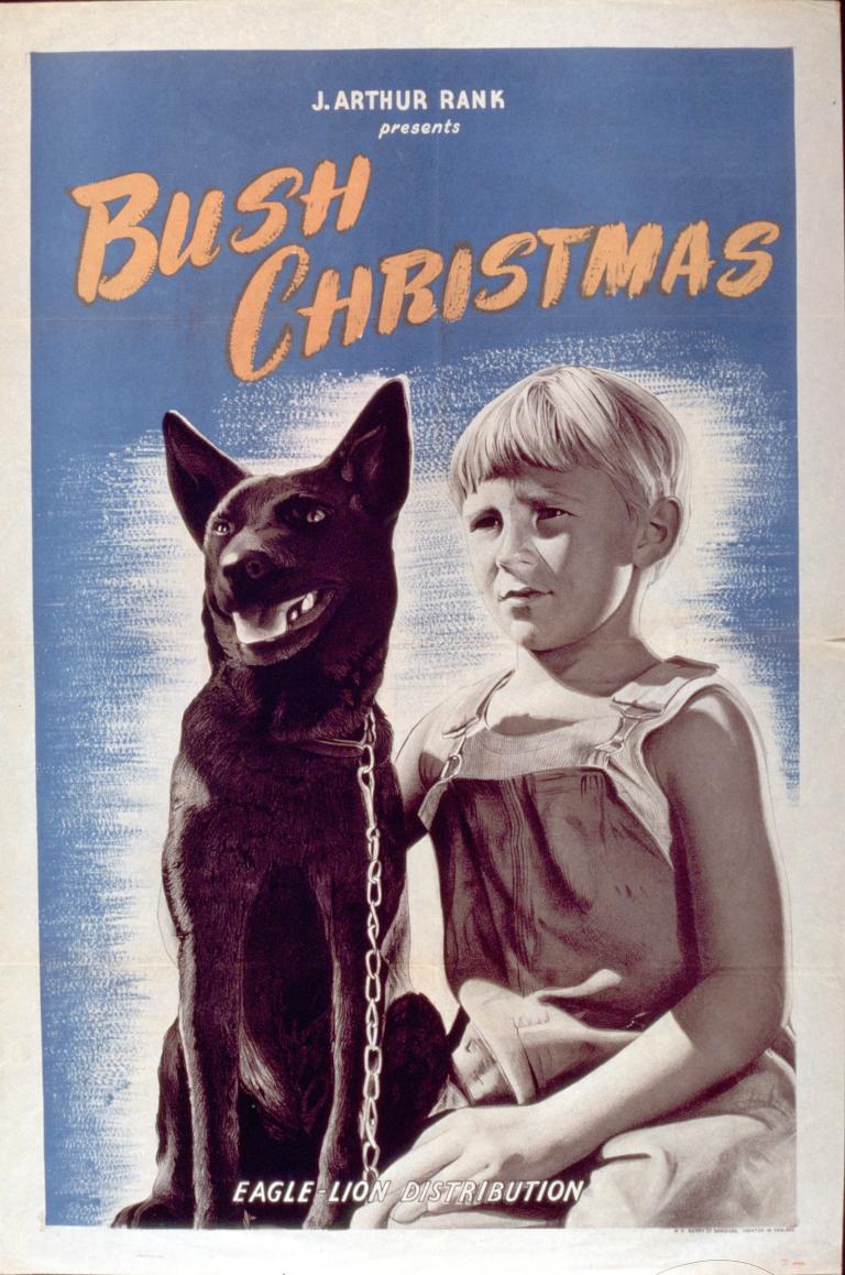 Bush Christmas movie poster showing a Kelpie sitting next to a small blonde-haired boy in black and white against a blue background.