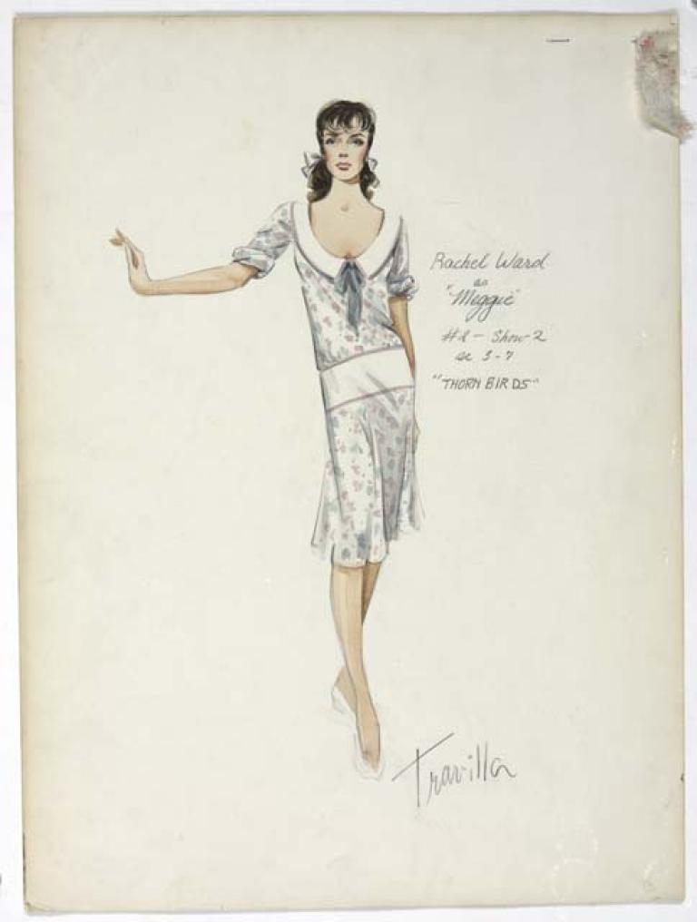 ORIGINAL COSTUME DESIGN DEPICTING A WHITE DROP-WAISTED DRESS WITH A PINK AND TEAL PATTERN WORN BY RACHEL WARD 