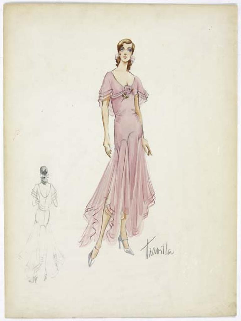 ORIGINAL COSTUME DESIGN DEPICTING A ROSE COLOURED BIAS CUT GOWN WITH A PINK CORSAGE PINNED TO THE LEFT SHOULDER WORN BY RACHEL WARD