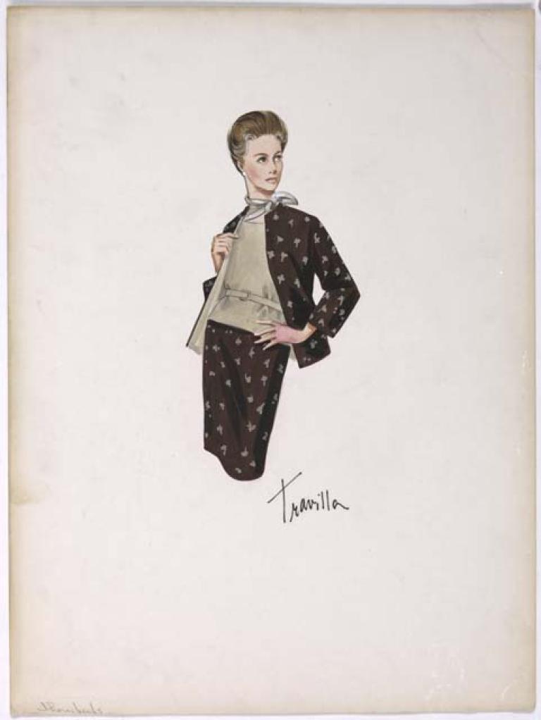 ORIGINAL COSTUME DESIGN DEPICTING A BROWN AND TAUPE SKIRT SUIT, TAUPE COLOURED BLOUSE AND NECK SCARF 