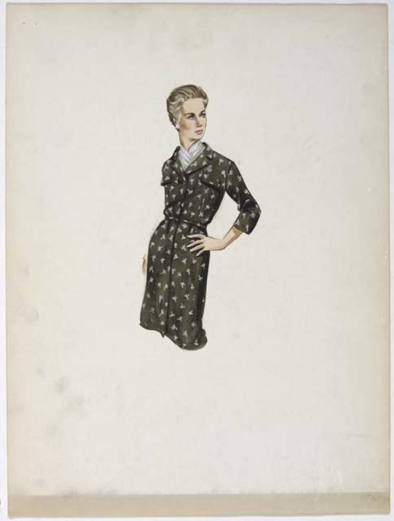 ORIGINAL COSTUME DESIGN DEPICTING A BROWN AND GREY BELTED SHIRT DRESS 