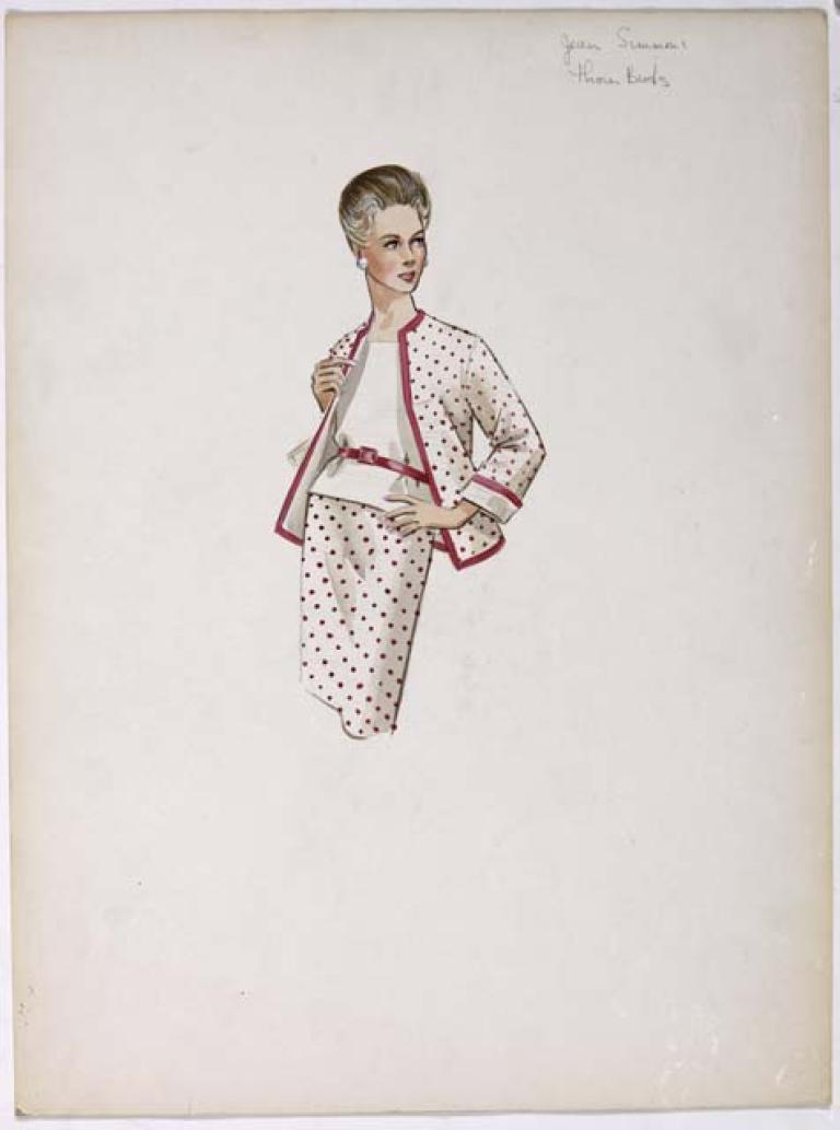 ORIGINAL COSTUME DESIGN DEPICTING A CREAM AND CERISE POLKA DOT SKIRT SUIT AND CERISE BELTED CREAM COLOURED BLOUSE