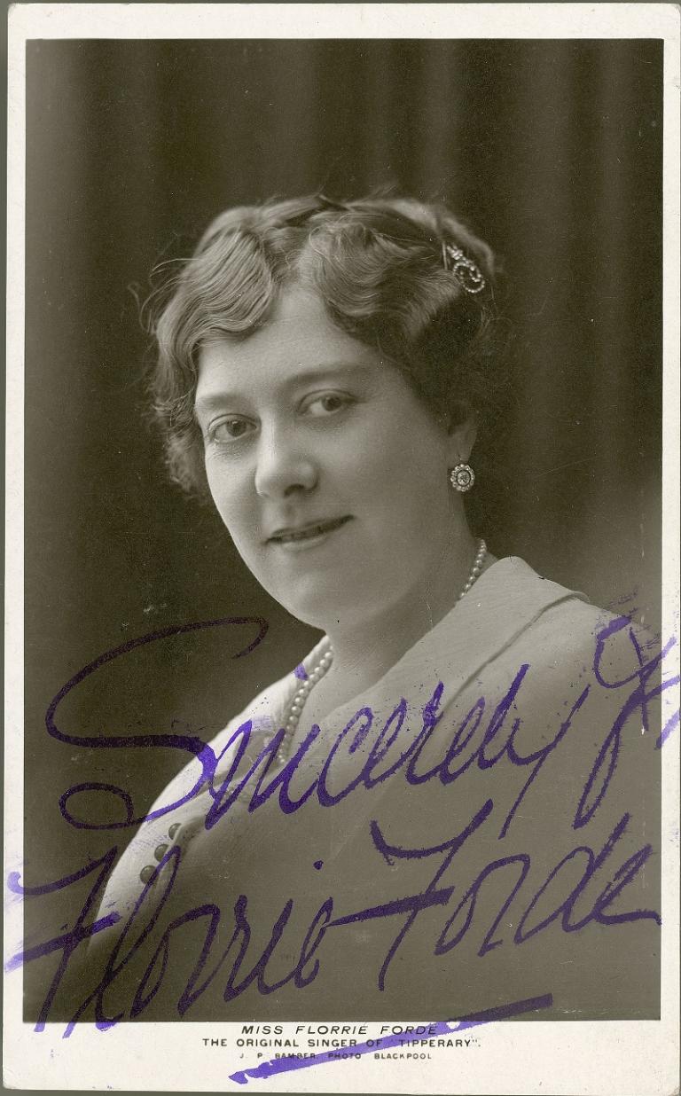 Head and shoulders photo of Florrie Forde with 'Sincerely Florrie Forde' written across the photo.