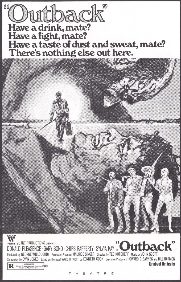 Black-and-white poster for the film Outback (AKA Wake in Fright) with hand-drawn images of two men wrestling, a man walking and carrying a rifle and a suitcase and four standing figures, two of them holding rifles