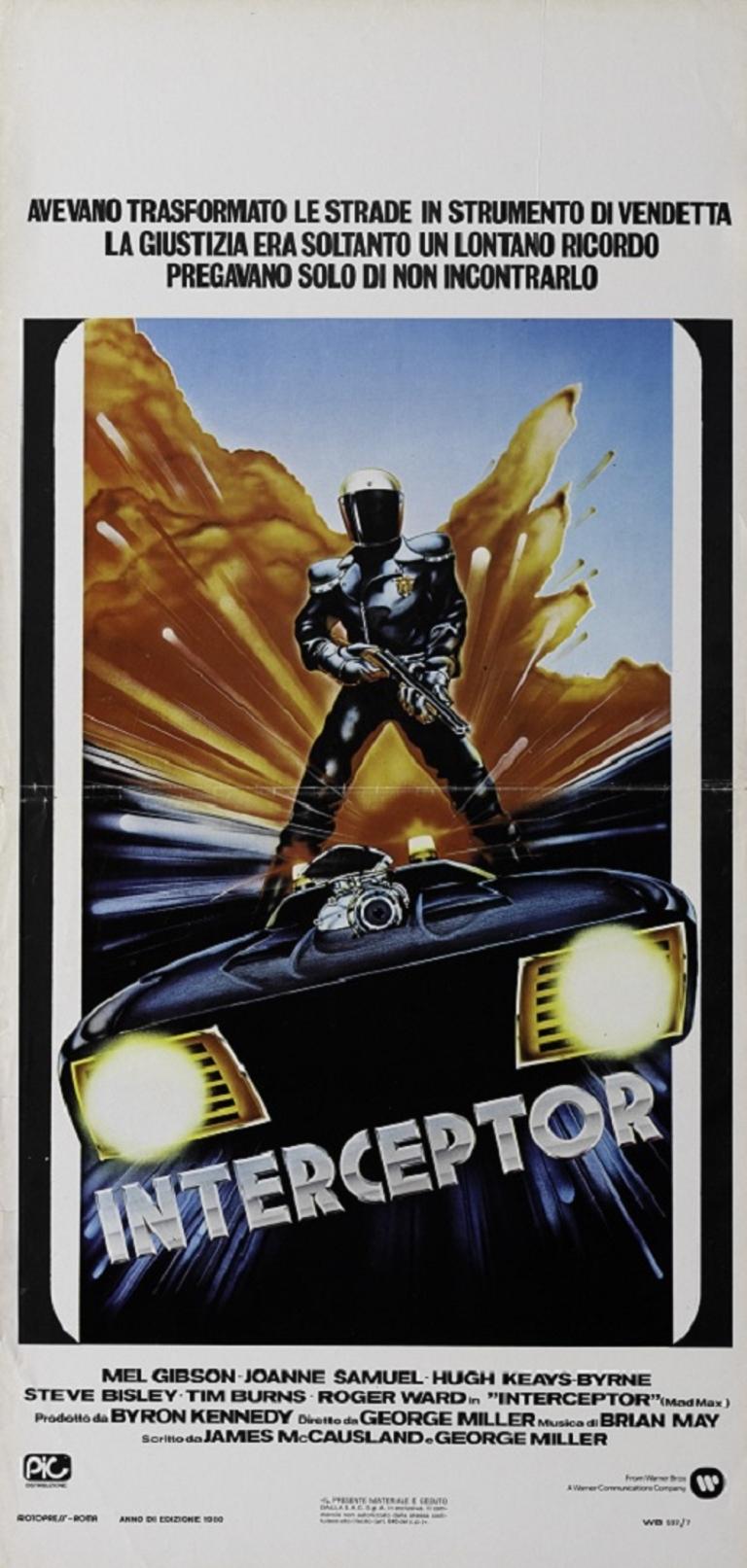 Black clad figure with shot gun atop a vehicle seen front on, in the background is an explosion, below in metallic text is the title 'Interceptor'.