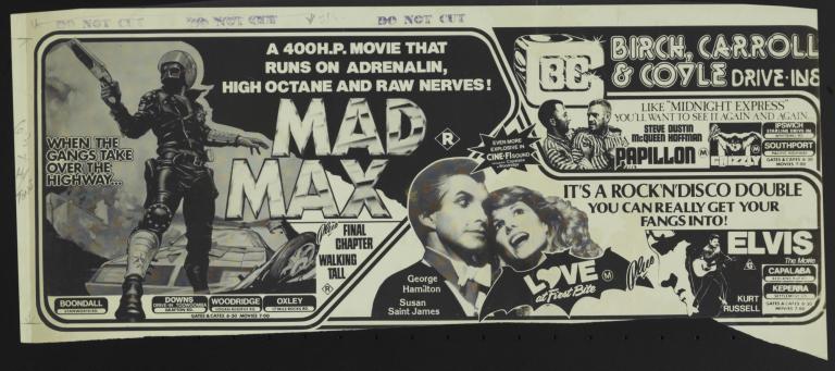 Black and white advertising layout includes images for 'Mad Max', 'Papillon', 'Love at First Bite' and 'Elvis the Movie'.