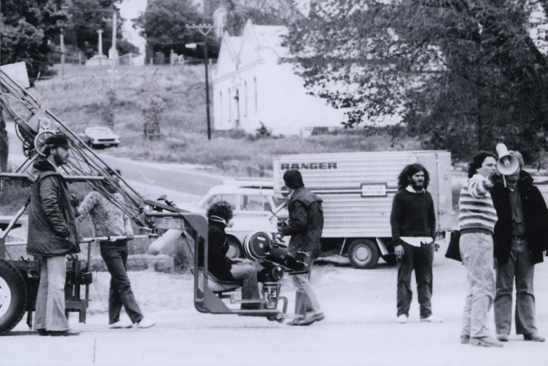 Production crew on the set of Mad Max 1.