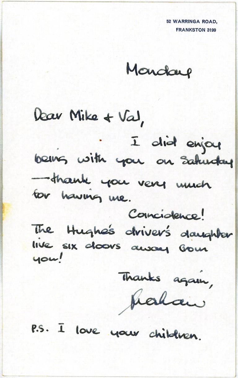 Handwritten thank you note from Graham Kennedy to Mike and Val McColl Jones