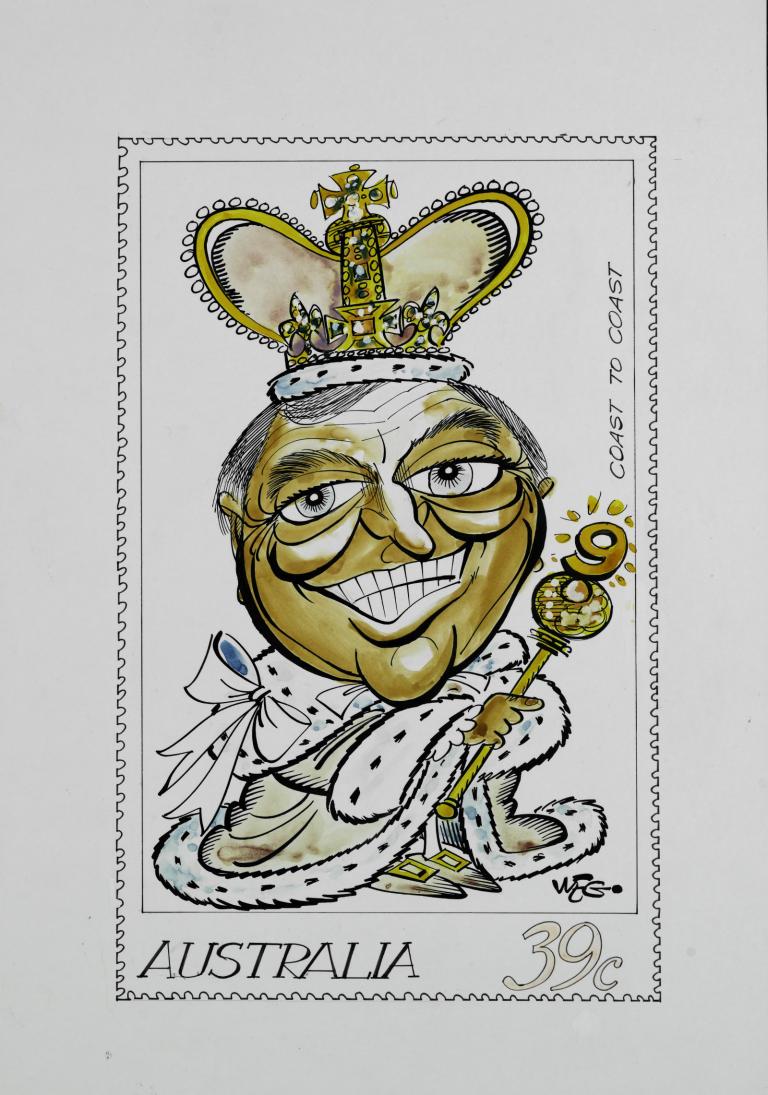 A caricature of Graham Kennedy with crown and sceptre on a 39c Australian stamp