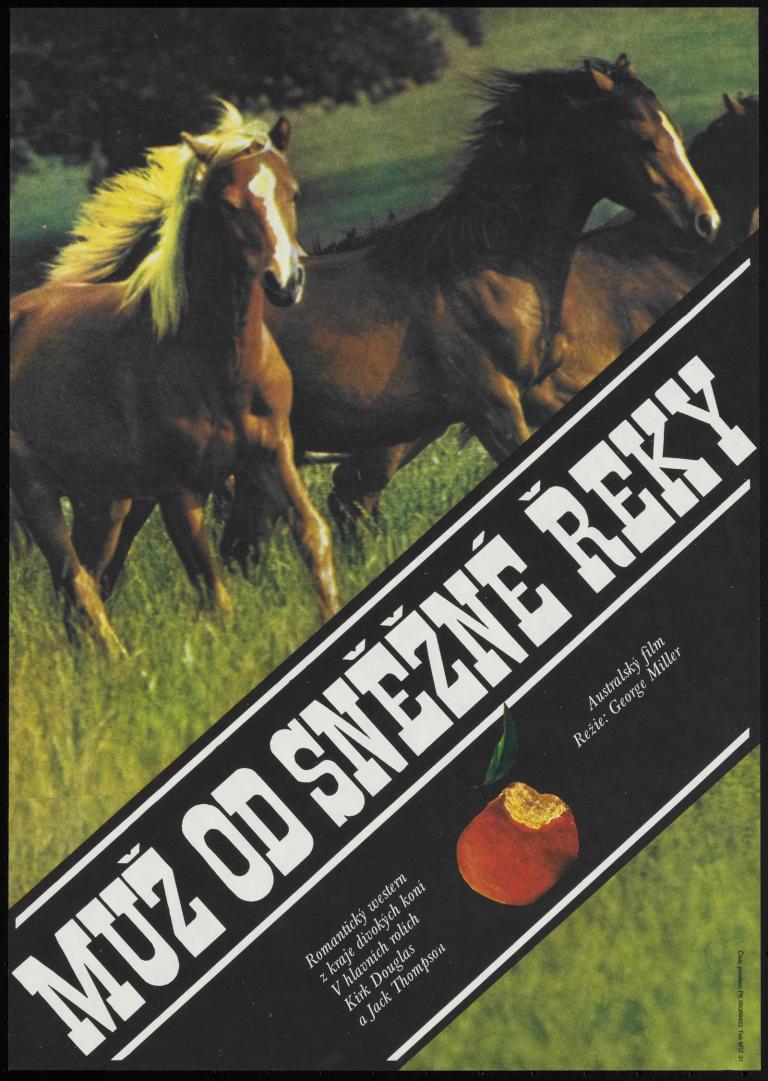 Film poster showing an image of horses galloping in a paddock. The film title in Czech 'Muz od Snezne Reky' is written in white on a black banner diagonally across the poster. Credits and image of apple with a bite taken out of it sit underneath title.