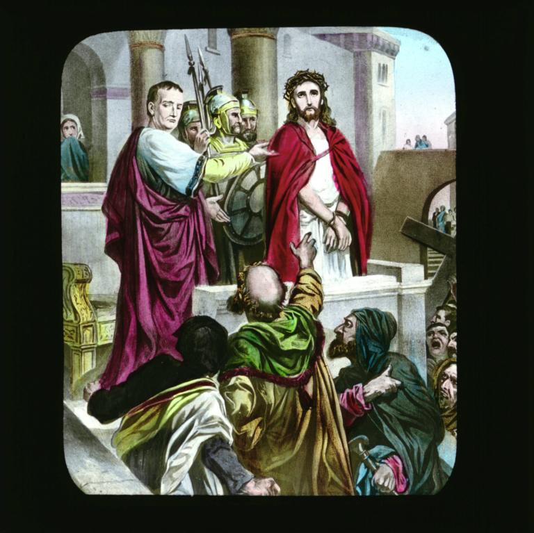 Christ standing next to Pilate with onlookers