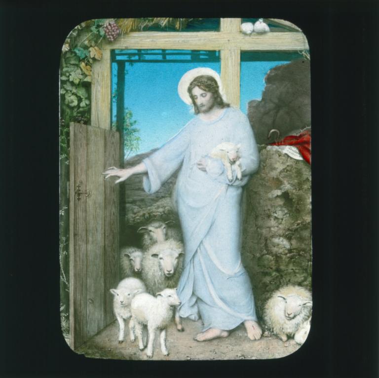 Christ with lambs at his feet