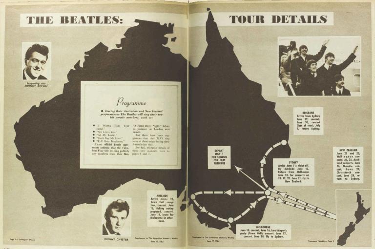 Map of Australia and program outlining the details of The Beatles tour in 1964, marking cities on the map where The Beatles were scheduled to visit and on which dates.