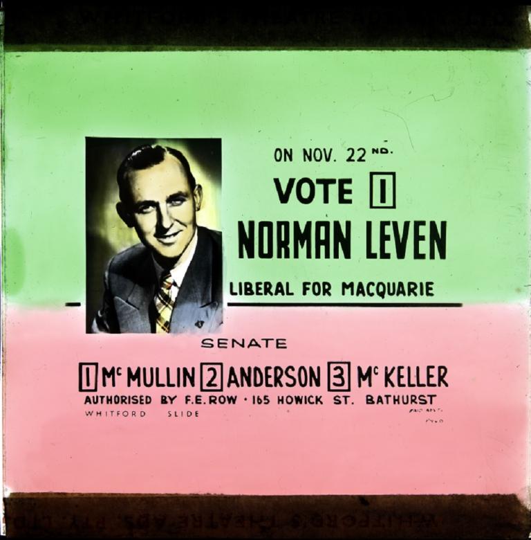  Features image of Norman Leven to the left. Text on the green background reads: 'on Nov 22nd Vote [1] Norman Leven, Liberal for Macquarie'. Other candidates listed. 