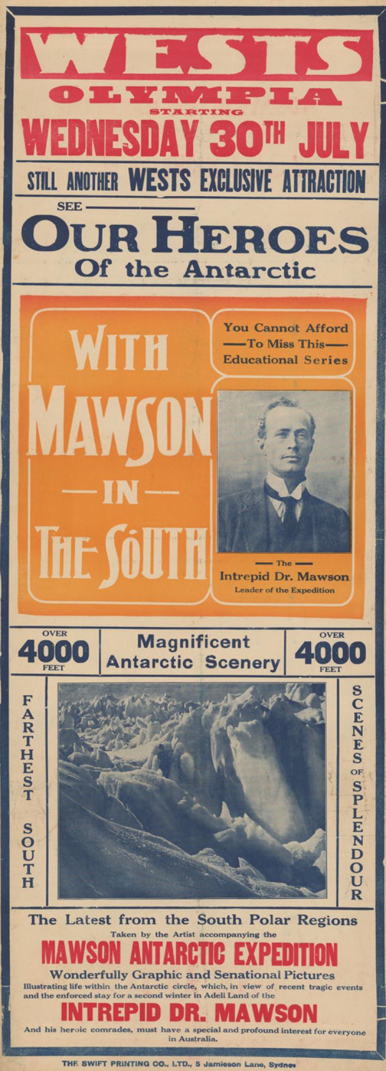 Poster for 'With Mawson in the South'. Shows dates and location of the event with photos of Douglas Mawson and Antarctica 