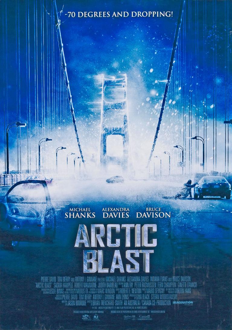 Poster for the film Arctic Blast showing a frozen cars and people on the road of a suspension bridge. The film title is in large block letters and film credits are at the bottom centre of the poster. 