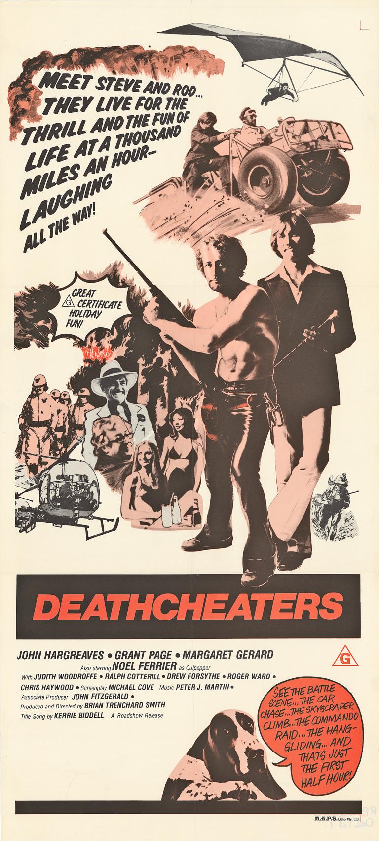 Poster showing men holding weapons, women in bikinis, vehicles, a dog, a helicopter and a hang glider all around the page with writing and film credits scattered among the images.