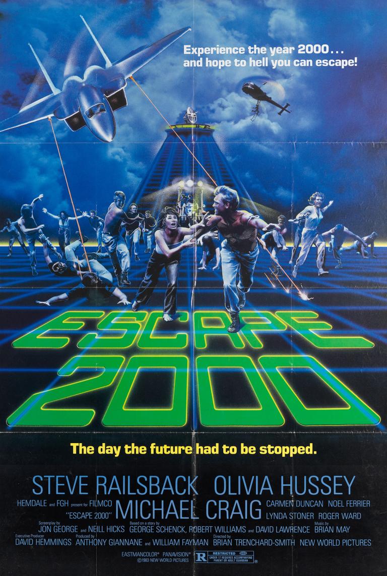Poster art in a futuristic style showing frantic people trying to run for cover as they are shot at by planes and helicopters overhead. At the bottom is the film title 'Escape 2000' and the credits. 