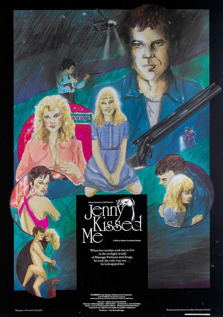 Poster art for a film called 'Jenny Kissed Me' showing drawings of a man, woman and girl in different poses. The main image in the top right shows a man holding a shotgun. The film title and credits are in the bottom centre of the poster. 
