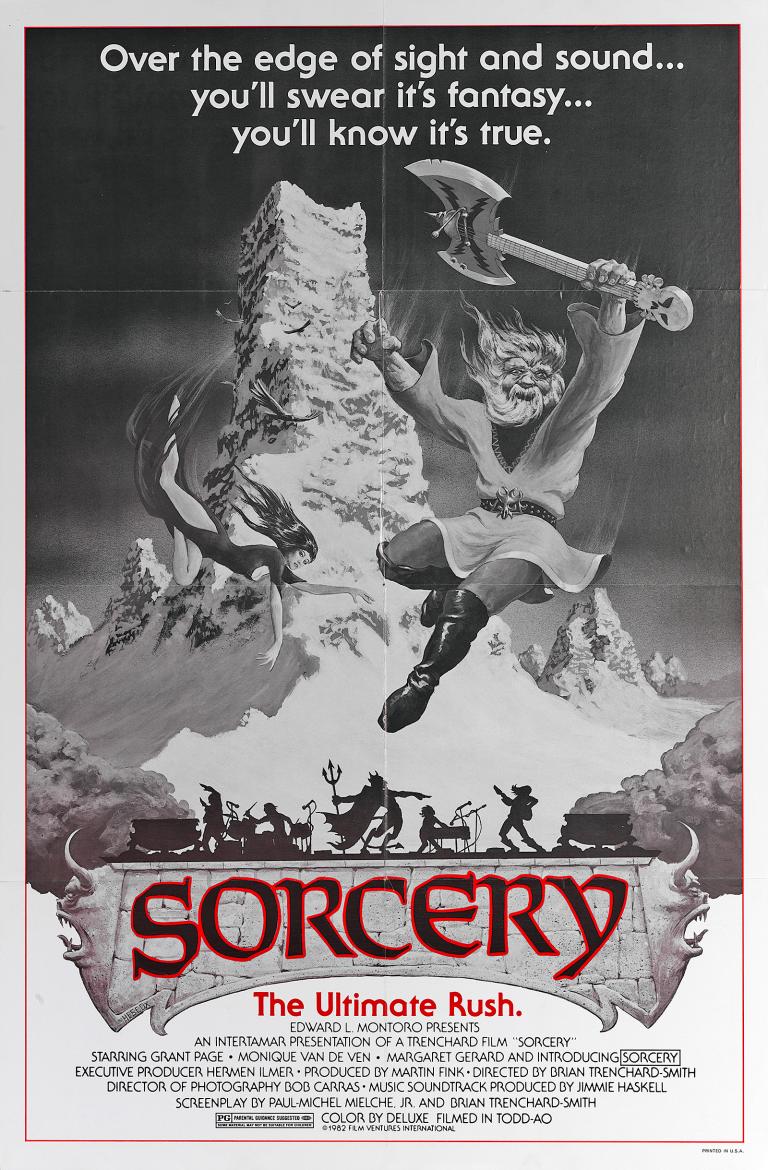 Movie poster showing some fantasy-type imagery of Nordic-looking warrior holding an axe and leaping in the air. The film title 'Sorcery' is in large red letters and the bottom with the film credits below.