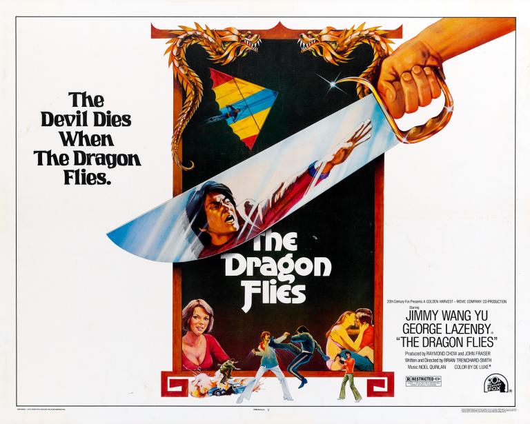Poster art for a film called 'The Dragon Flies' showing a handing holding a sword. Reflected in the sword is a man's face. There are also other drawings of different characters in the film and on a scroll that is bordered by dragons.